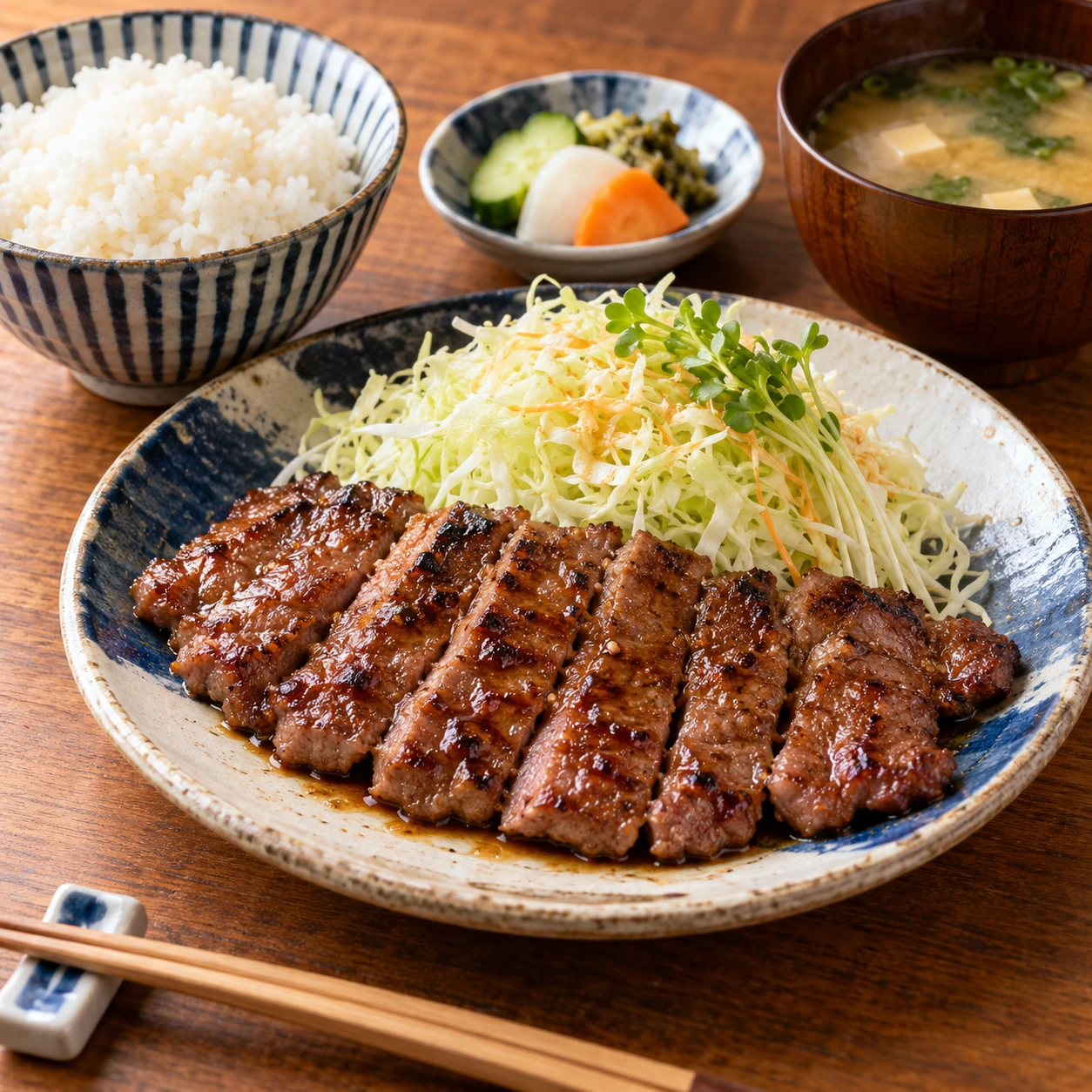 焼肉とごはん、味噌汁の定食